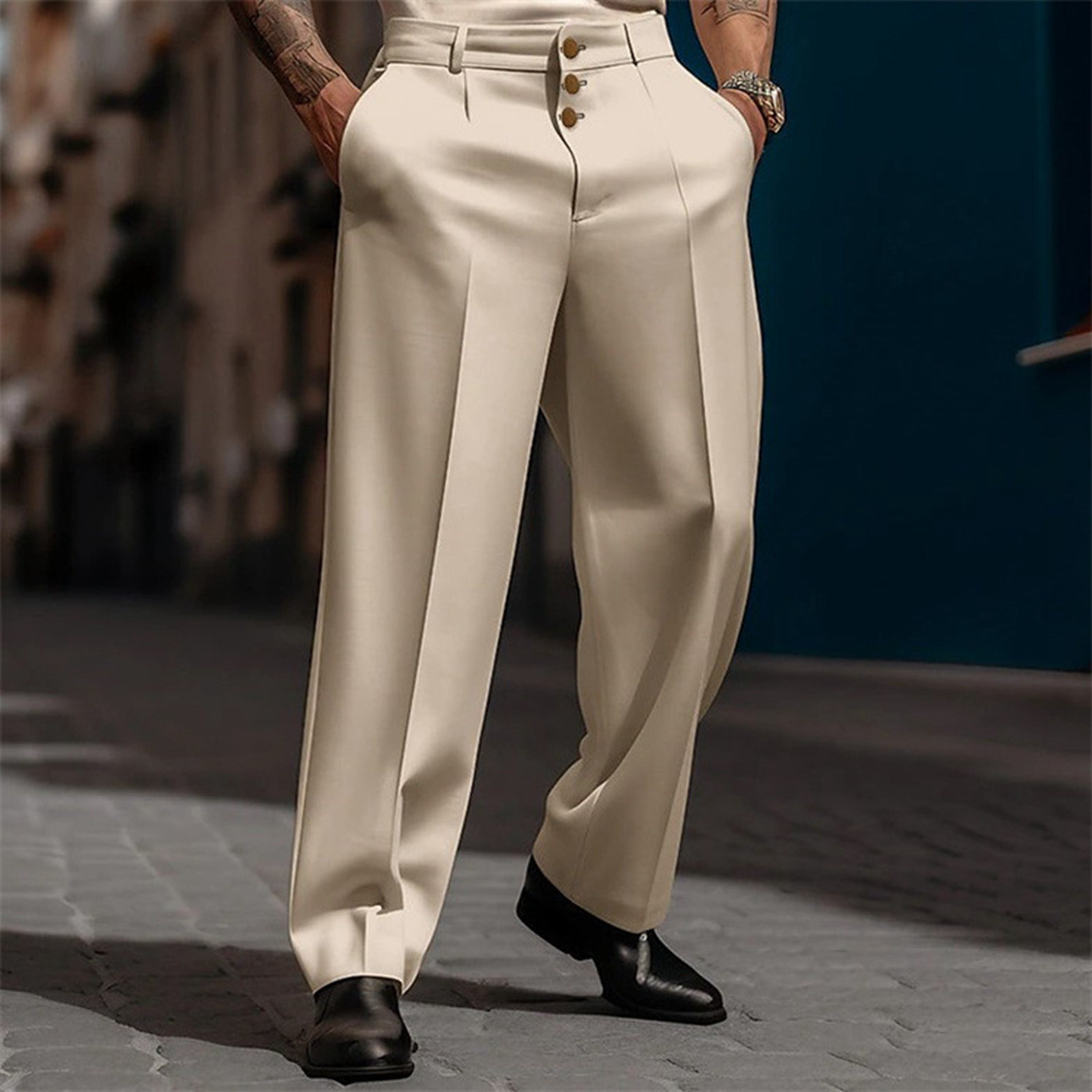 thumbnail image 4 of Pantalones de traje rectos lisos de tres botones para hombre - Informal de negocios, tejido compuesto Fledge, ocasiones formales, 4 of 8